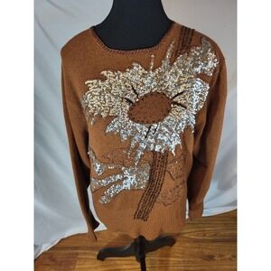 Vintage Suzelle Size Small Brown Wool Blend Floral Sequin Sweater Read